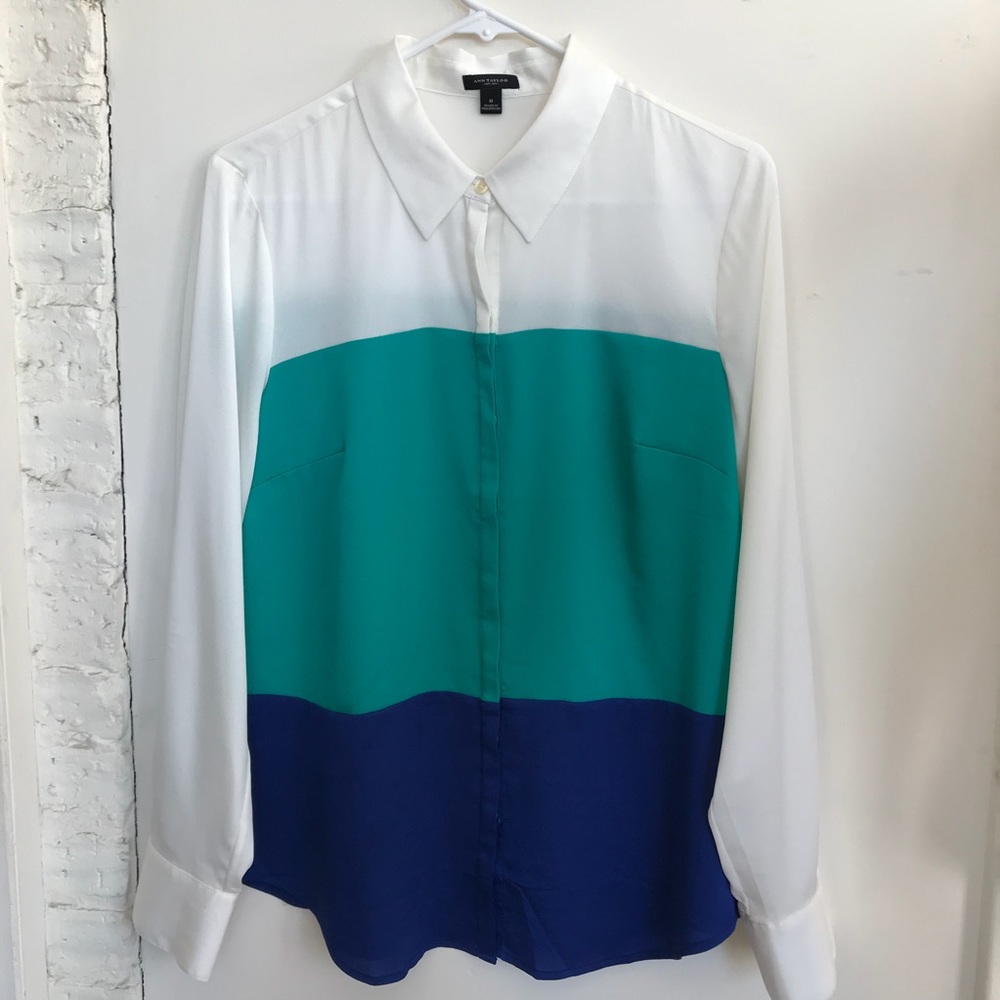 Ann Taylor Colorblock Blouse White/Teal/RoyalBlue